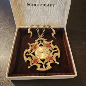 Vintage Corocraft 17 Jewels Pendant Watch Necklace Gold Tone Red Cabochons Boxed
